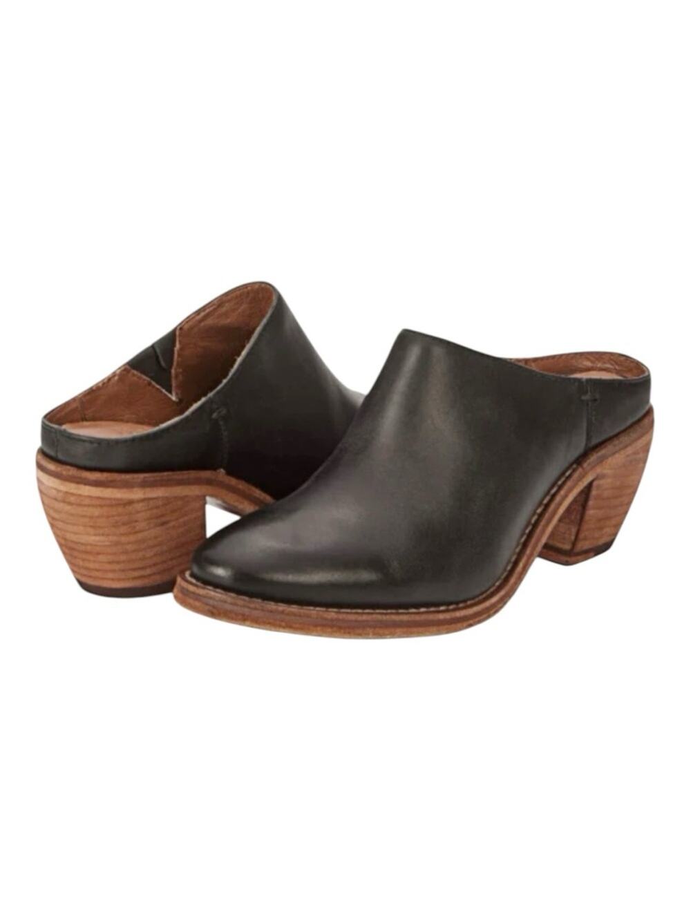 FRYE Rosalia Black Leather Slip-On Mules  Stacked Heel Festival Western Sz 7.5